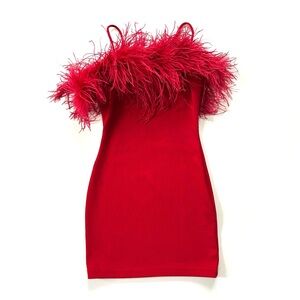 Nouvea Bright Red Feather Trim Bodycon Stretchy Knit Mini Dress